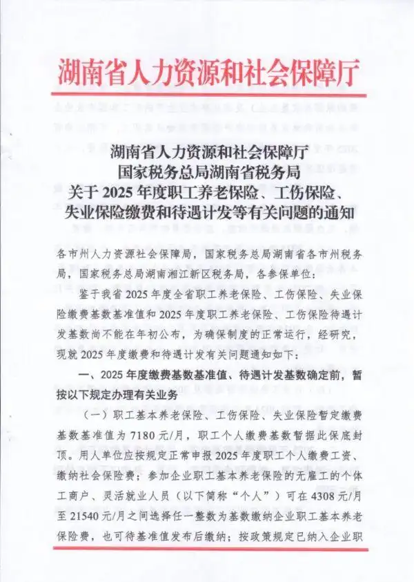 湖南省人社厅联合税务局发布2025年度社保缴费相关暂行规定